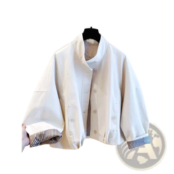 Women short striped lining trench coat in white oversized design with striped cuffs and button front closure