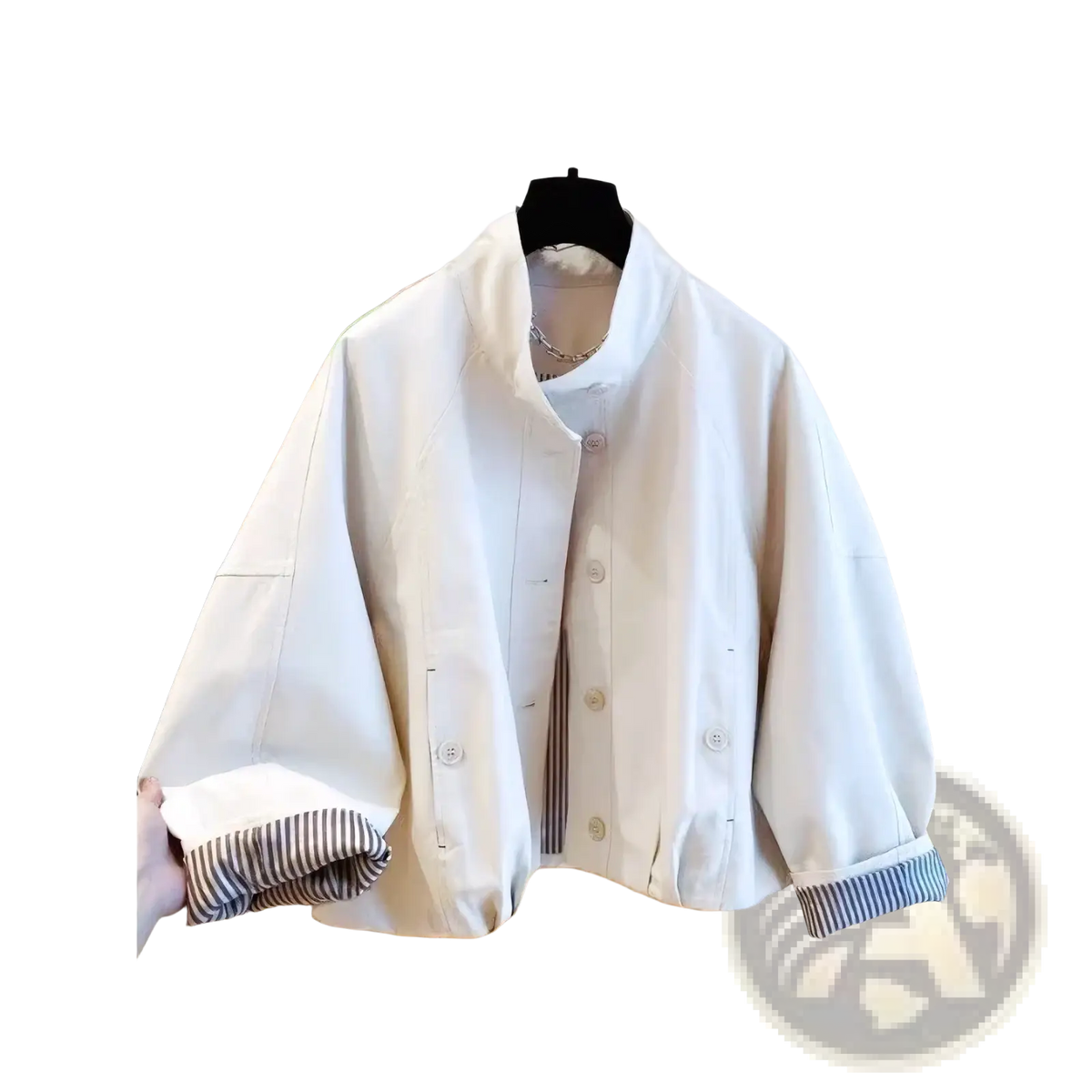 Women short striped lining trench coat in white oversized design with striped cuffs and button front closure
