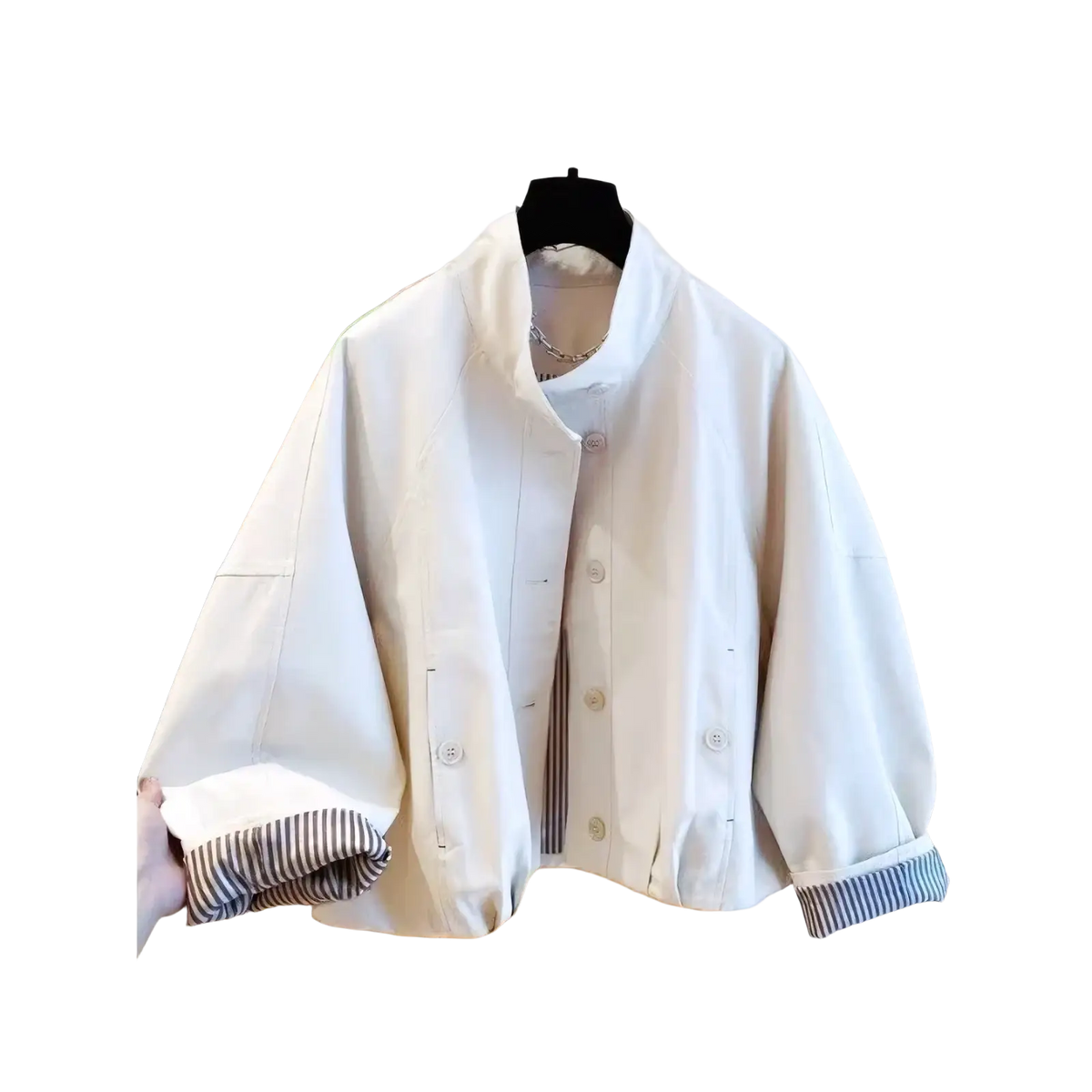 Women short striped lining trench coat in white oversized design with striped cuffs and button front closure