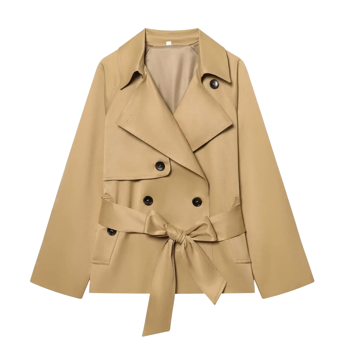 Women short trench coat beige double-breasted with black buttons and matching self-tie belt in classic design