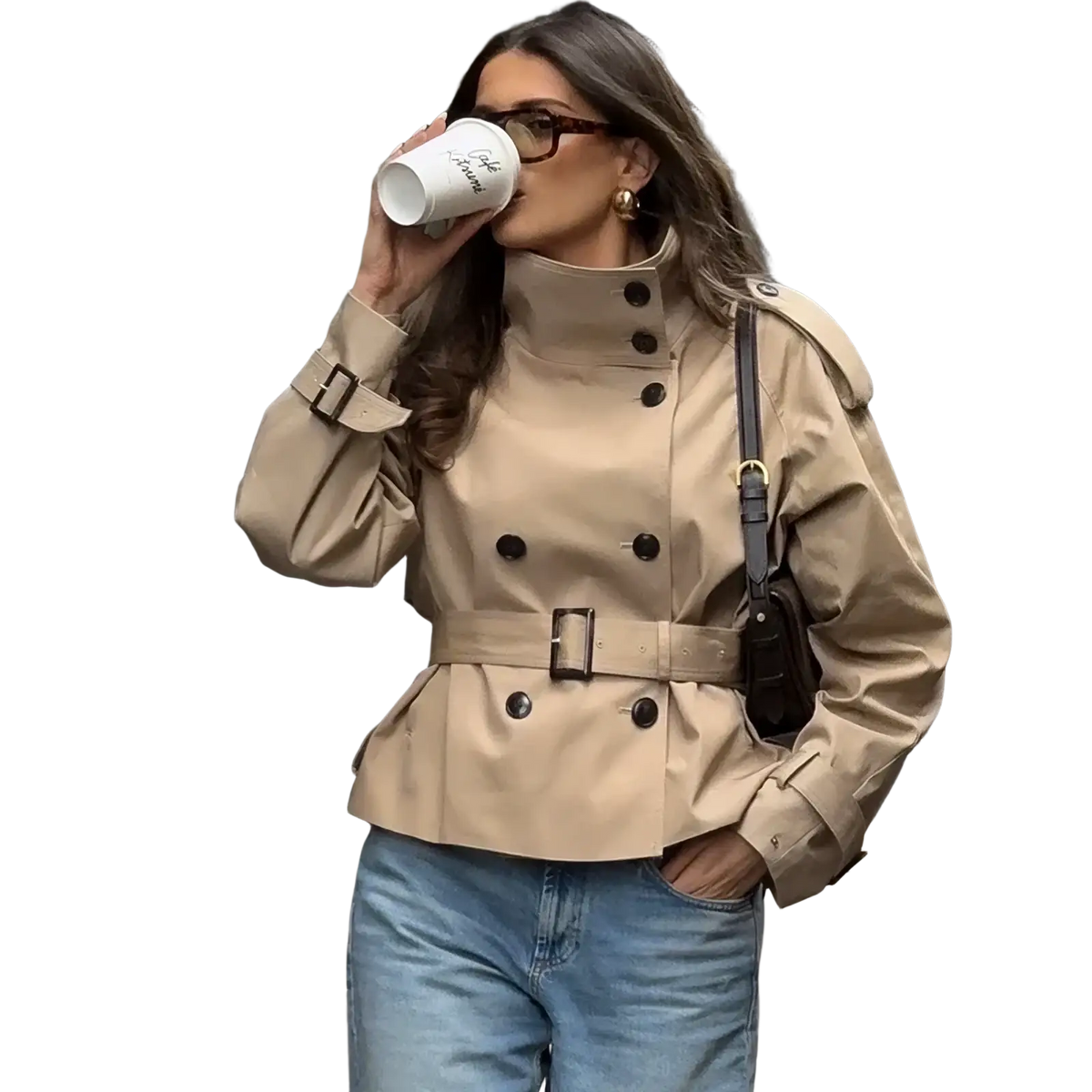 Beige women short trench coat with double breasted black buttons and belted waist in lightweight fabric