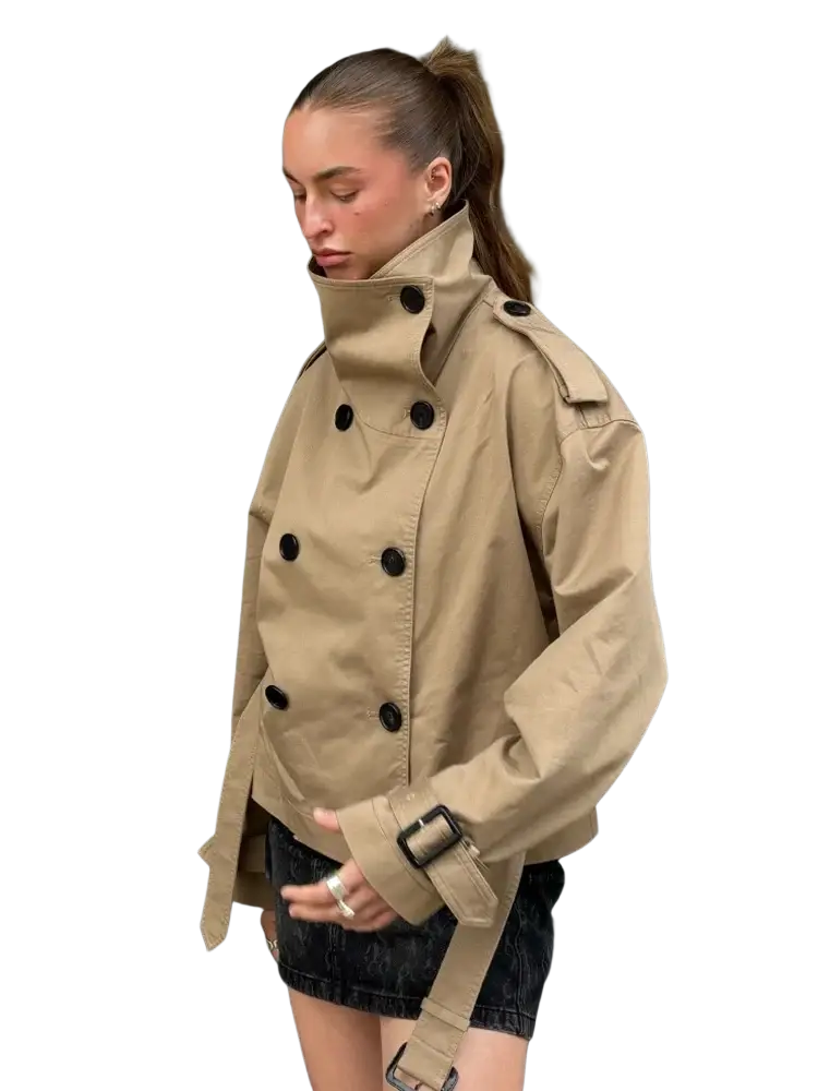 Women short trench coat beige double breasted jacket with black buttons and adjustable belt straps in sturdy fabric