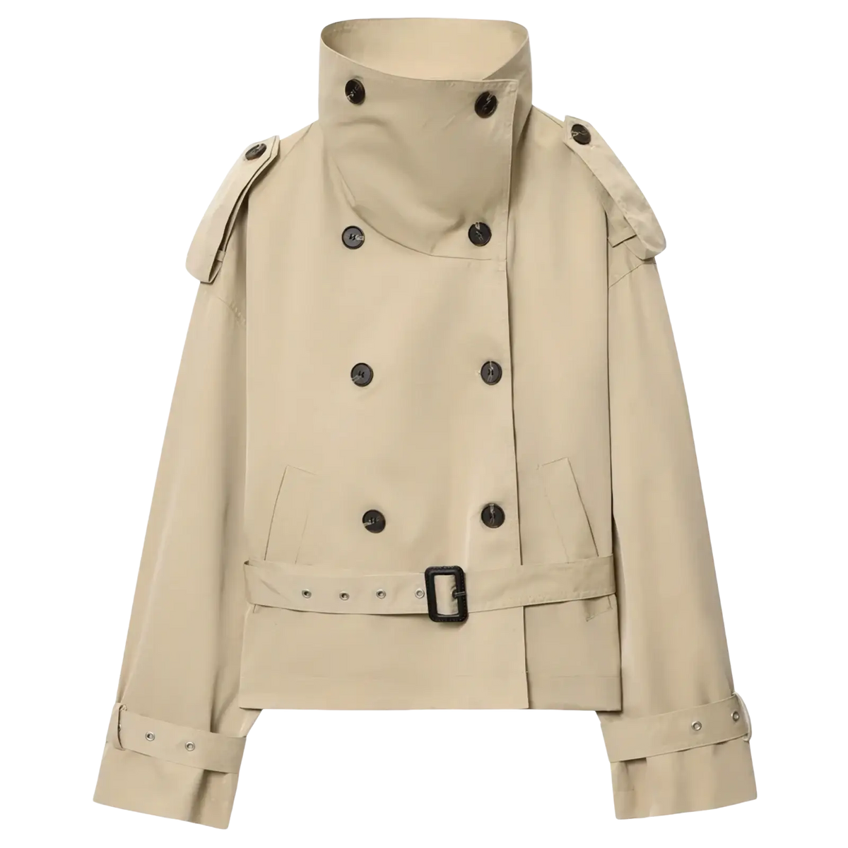 Beige short trench coat with high collar black buttons and belted waist women double breasted jacket