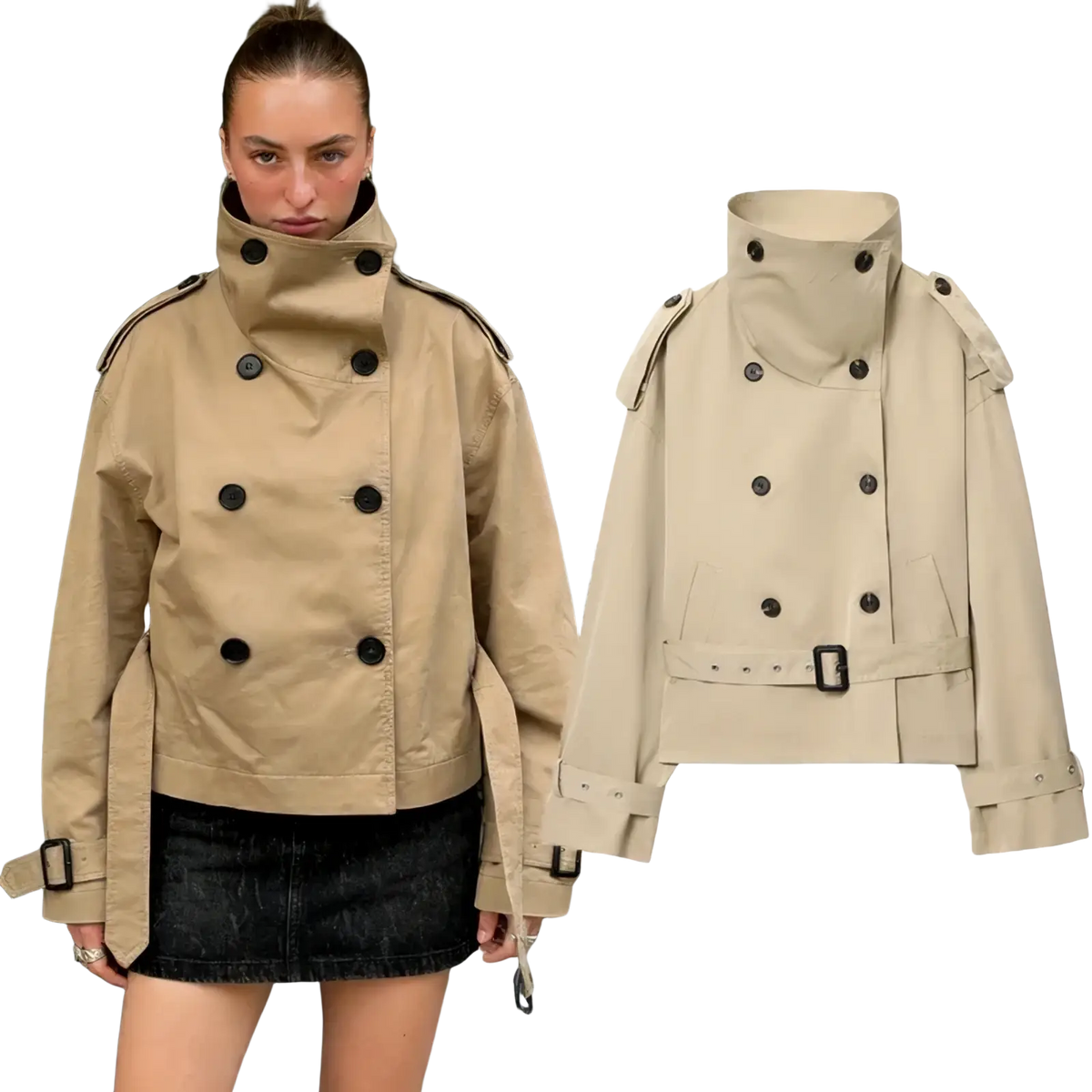 Women short beige trench coat with black buttons and belted waist in double breasted jacket style
