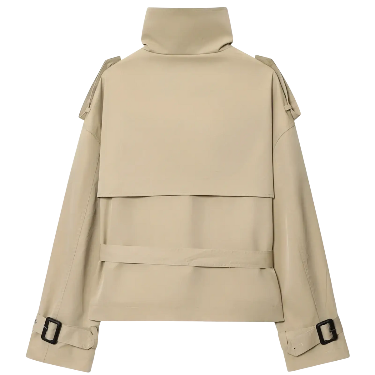 Women short beige trench coat with high collar shoulder straps and black buckle details in double breasted design