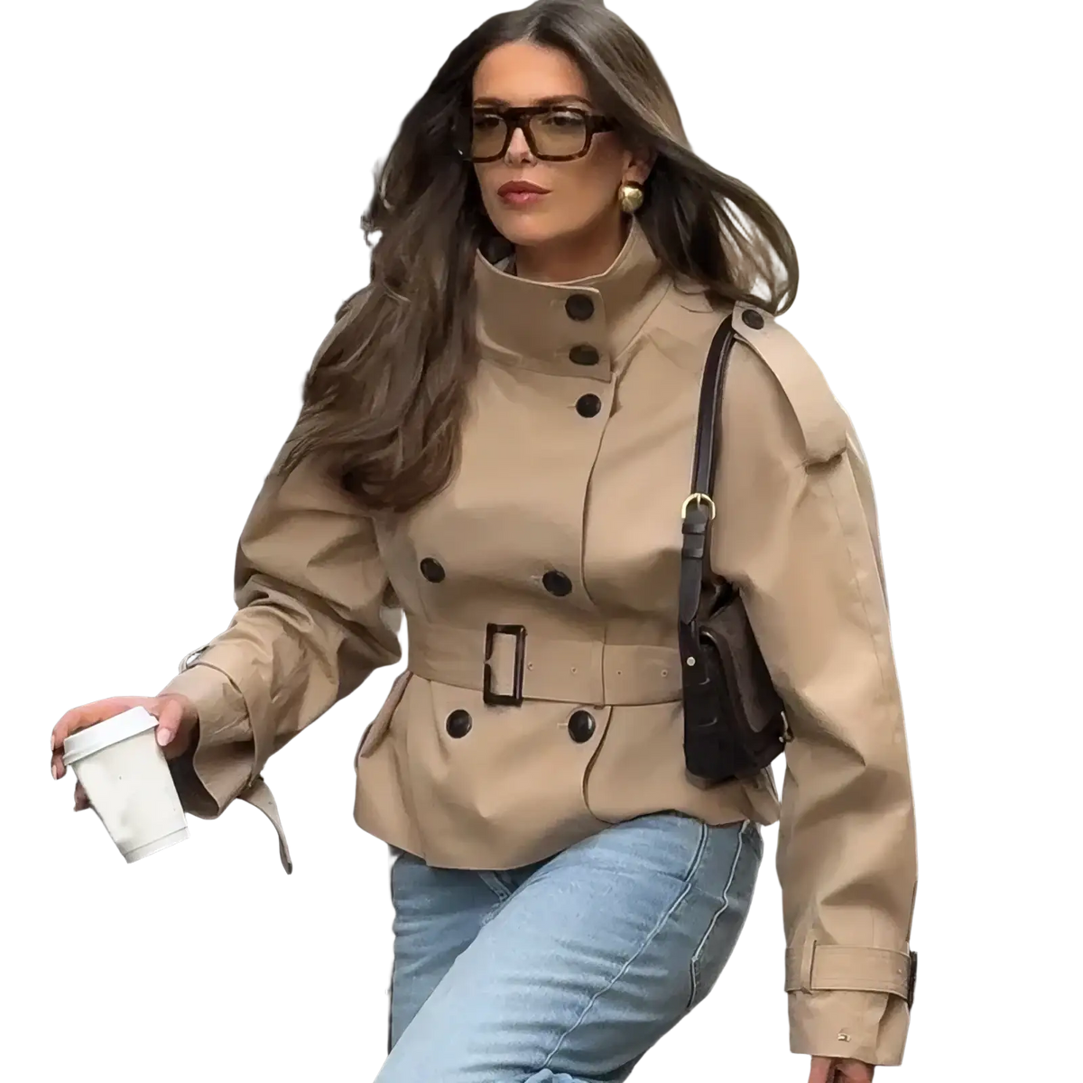Women short beige trench coat with black buttons double breasted belted waist elegant jacket design