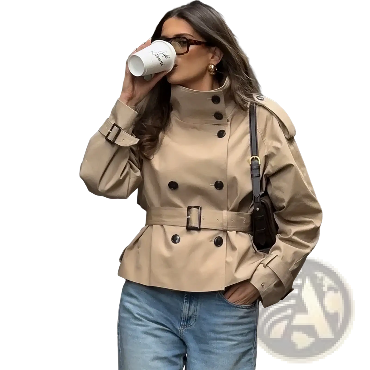 Beige women short trench coat with double breasted black buttons and belted waist in lightweight fabric