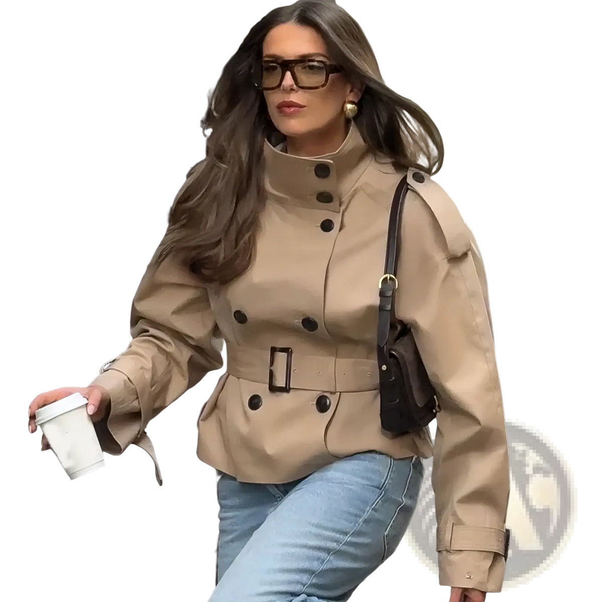 Women short beige trench coat with black buttons double breasted belted waist elegant jacket design
