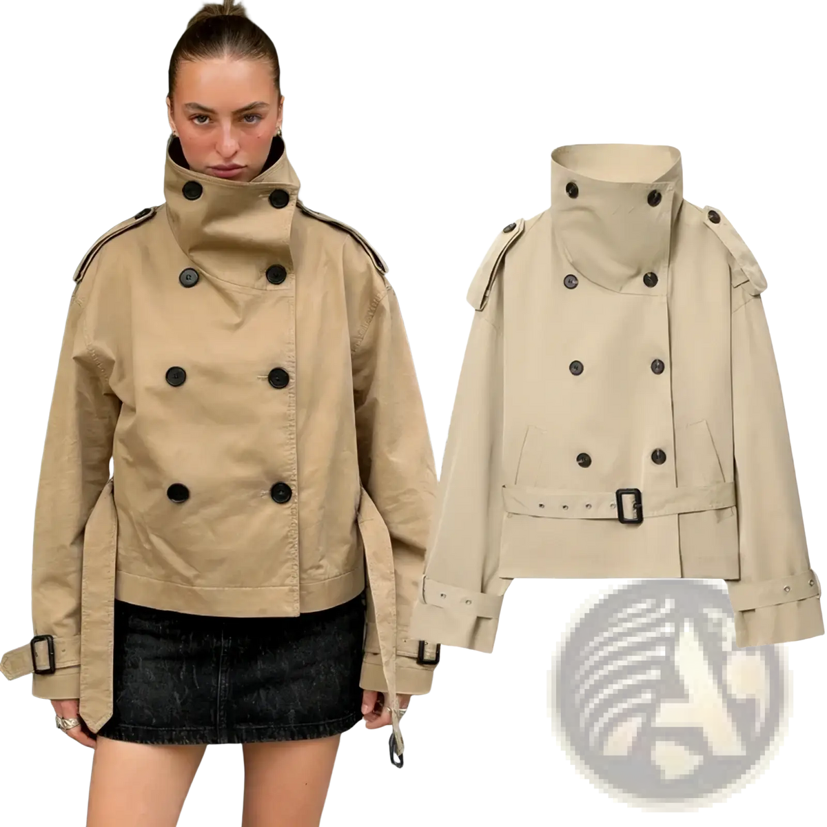 Women short beige trench coat with black buttons and belted waist in double breasted jacket style