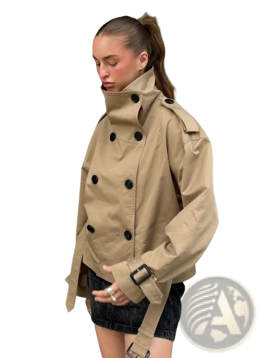 Women short trench coat beige double breasted jacket with black buttons and adjustable belt straps in sturdy fabric