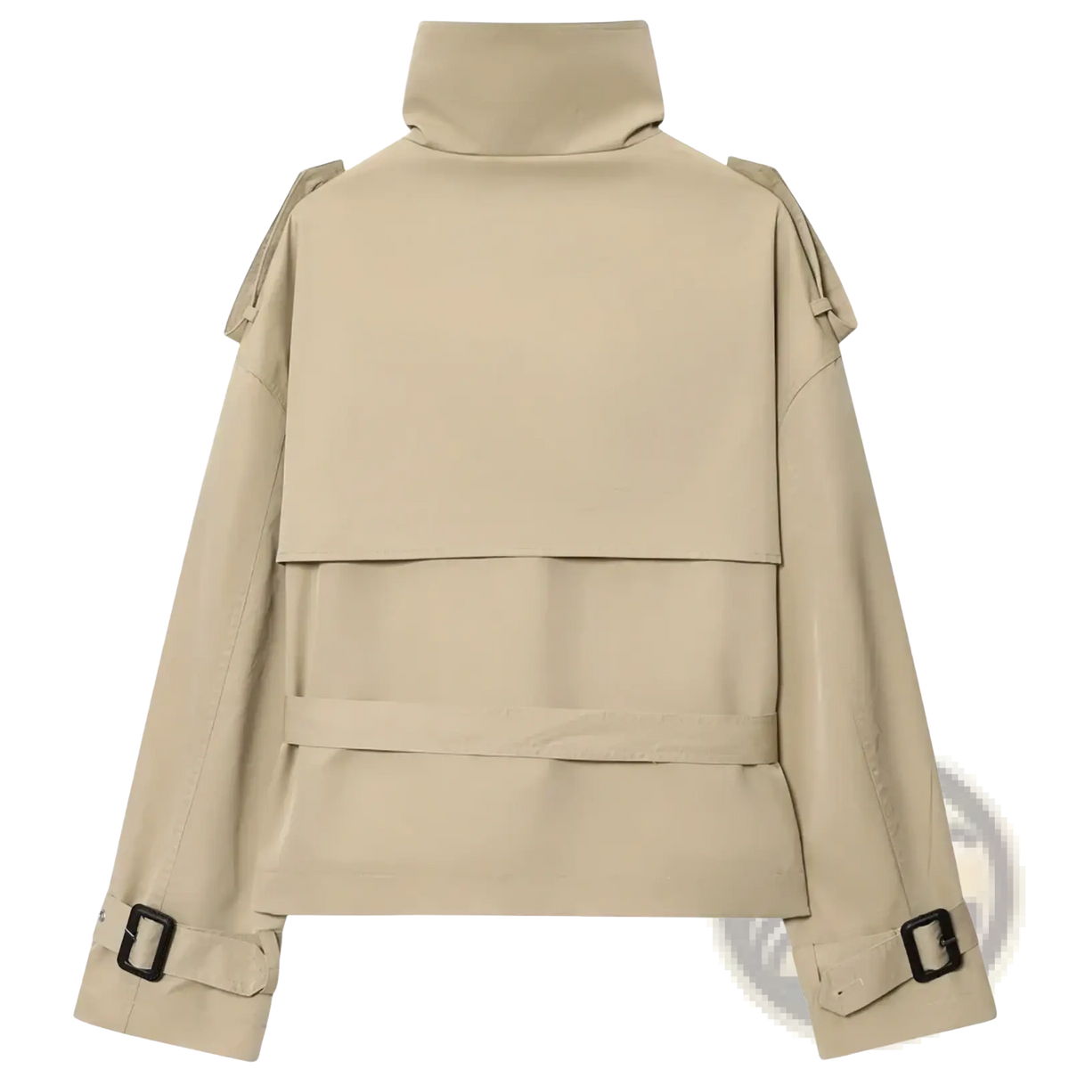 Women short beige trench coat with high collar shoulder straps and black buckle details in double breasted design