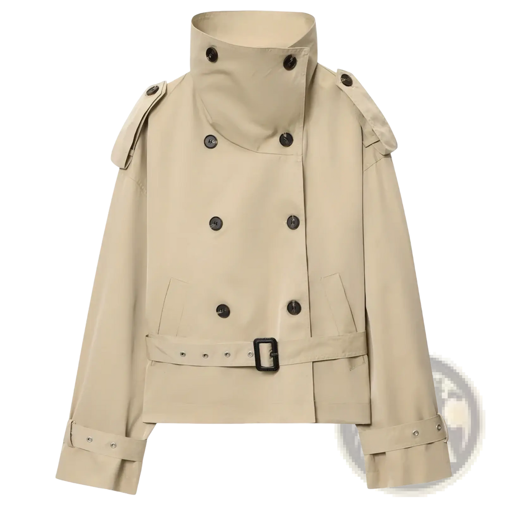Beige short trench coat with high collar black buttons and belted waist women double breasted jacket