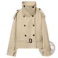 Beige short trench coat with high collar black buttons and belted waist women double breasted jacket