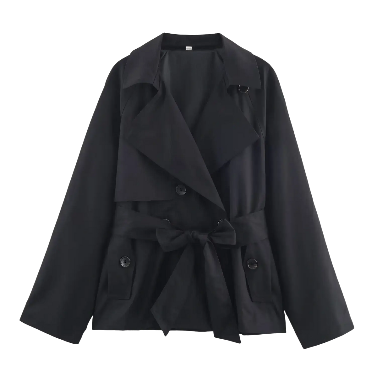 Women short trench coat in black featuring a belted waist and double-breasted front for stylish outerwear