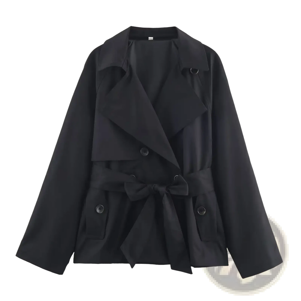 Women short trench coat in black featuring a belted waist and double-breasted front for stylish outerwear