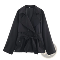 Women short trench coat in black featuring a belted waist and double-breasted front for stylish outerwear