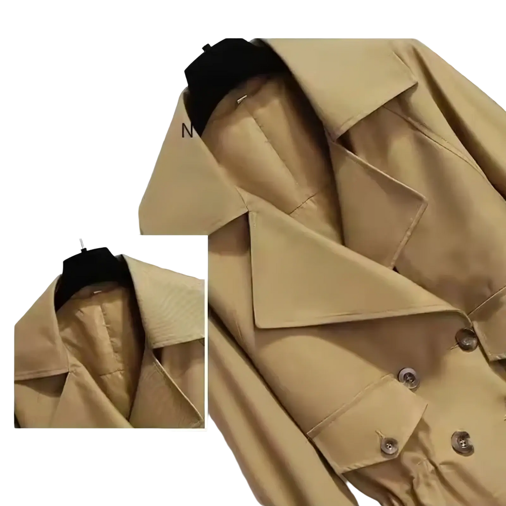 Beige women short trench coat with classic double-breasted design and matching button closures british style jacket