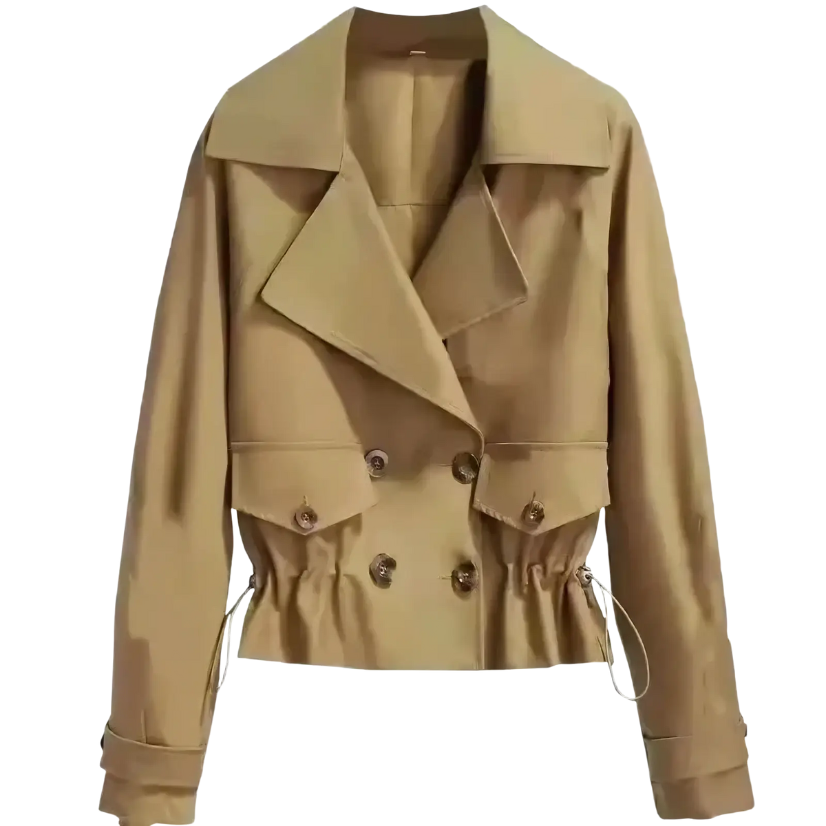 Beige women short trench coat with double-breasted buttons, buttoned flap pockets, and drawstring waist in british style