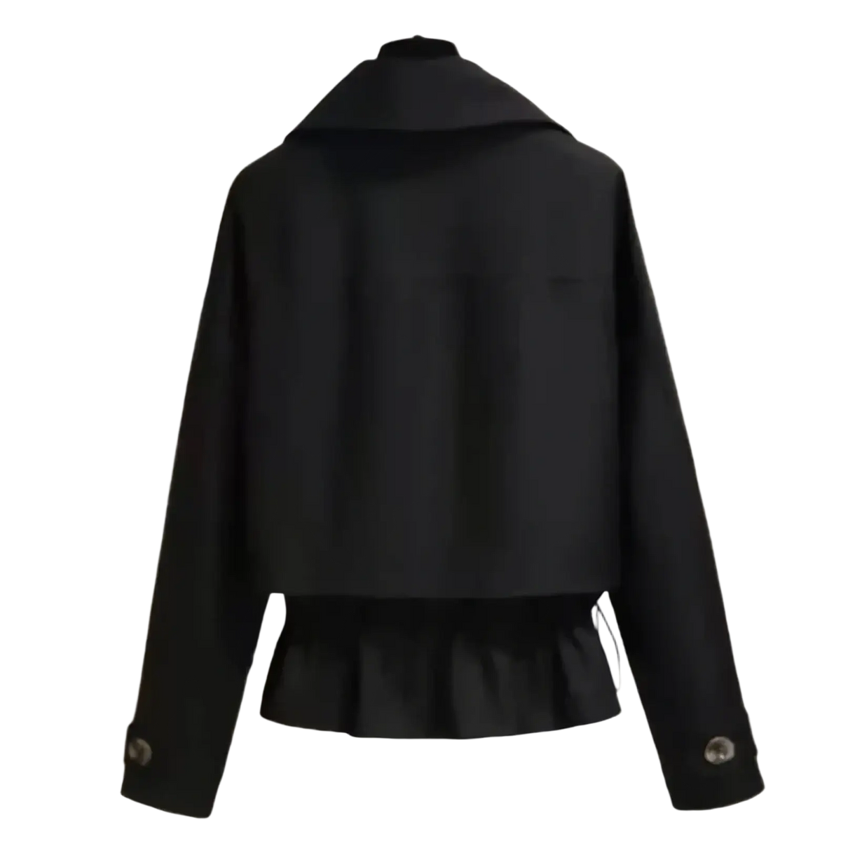 Black cropped trench coat for women with high collar long sleeves buttoned cuffs and ruffled hem british style jacket
