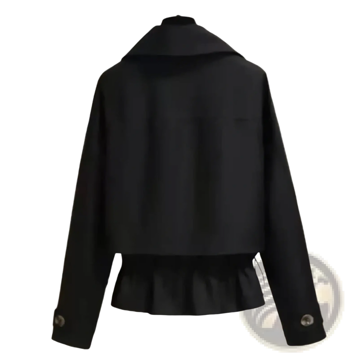 Black cropped trench coat for women with high collar long sleeves buttoned cuffs and ruffled hem british style jacket