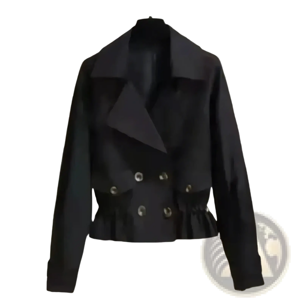 Women short trench coat black double-breasted cropped jacket with silver buttons and ruffled hem British style