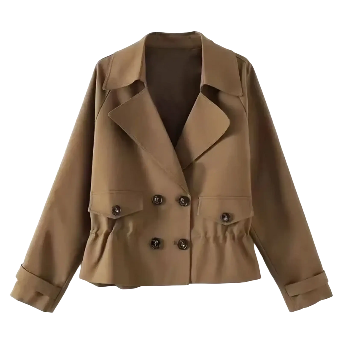 A stylish camel-colored double-breasted women short trench coat with dark brown buttons and pleated waist detailing