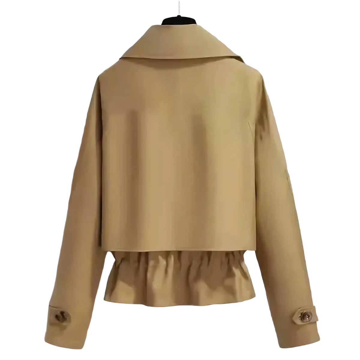 Tan short trench coat with wide collar elasticized waistband and buttoned cuffs in british style design for women