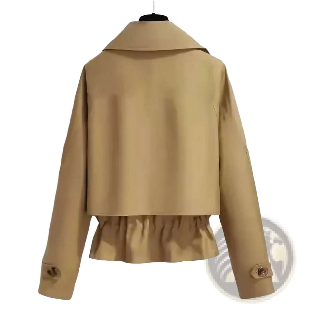 Tan short trench coat with wide collar elasticized waistband and buttoned cuffs in british style design for women