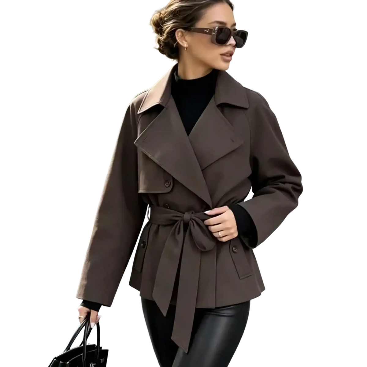 Women short trench coat in brown with belted waist and structured collar for stylish outerwear