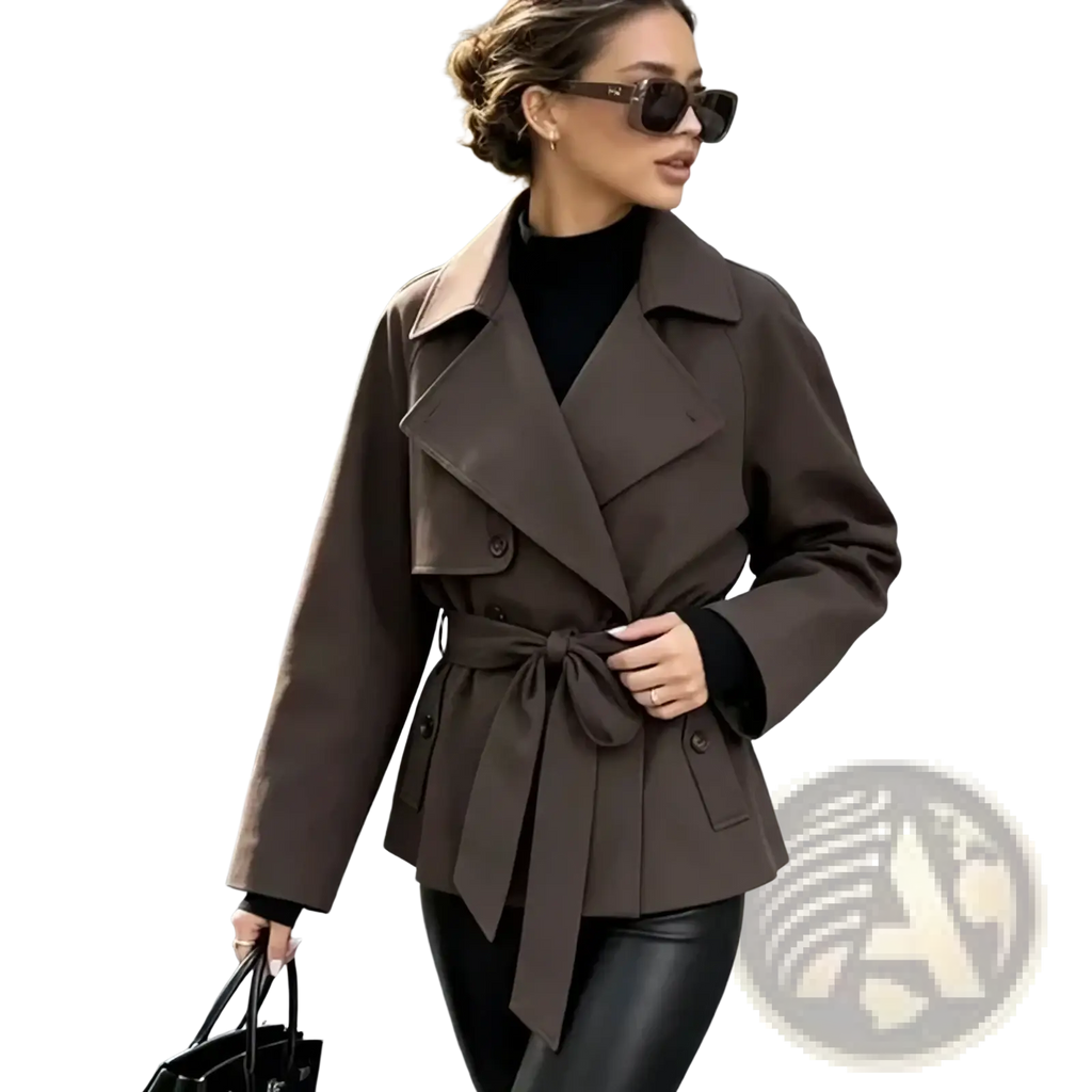 Women short trench coat in brown with belted waist and structured collar for stylish outerwear