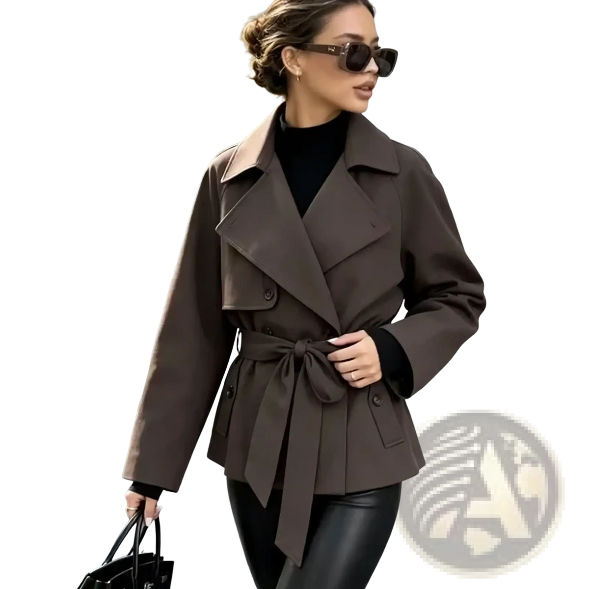 Women short trench coat in brown with belted waist and structured collar for stylish outerwear