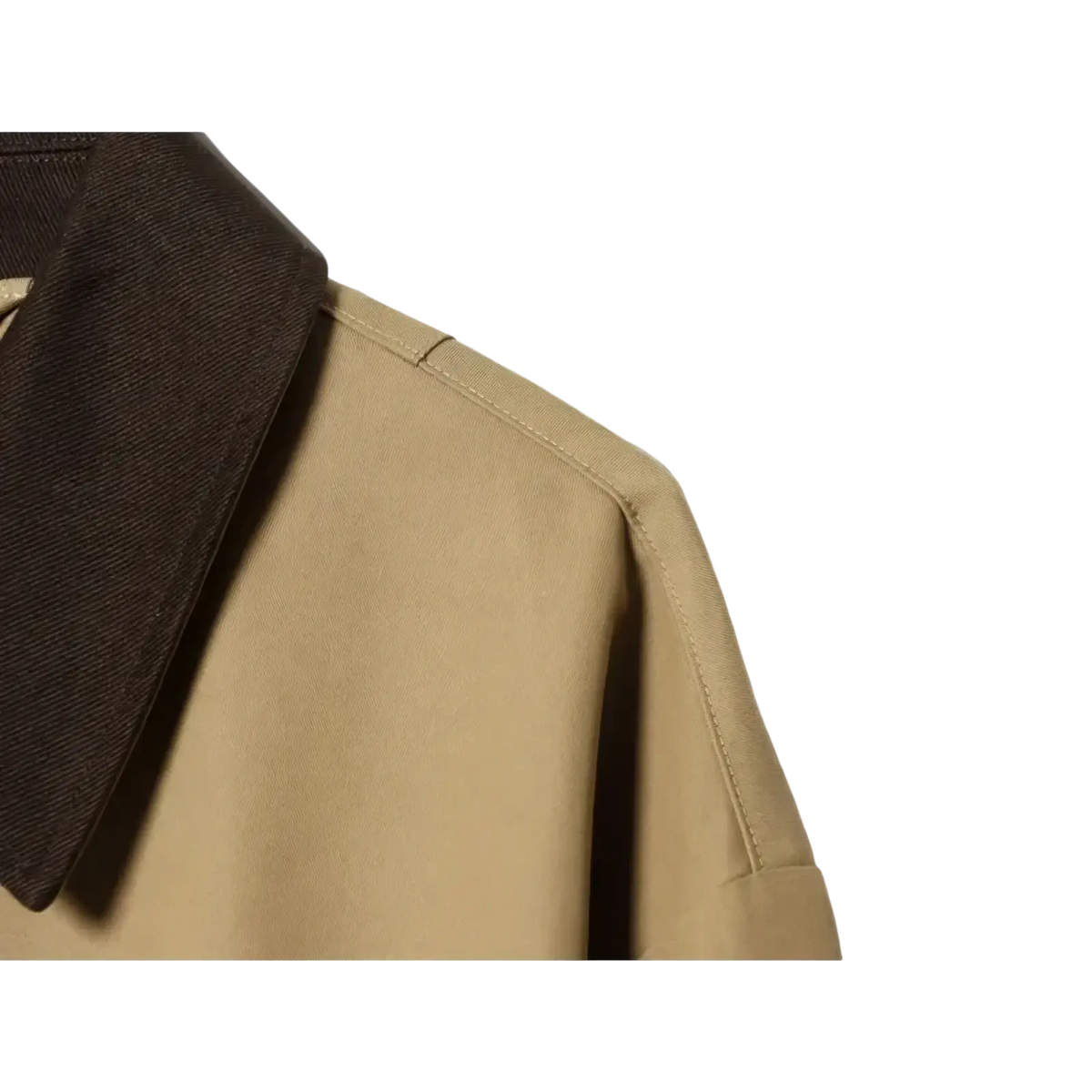Women short beige trench coat with contrasting dark brown collar made from lightweight fabric for versatile wear
