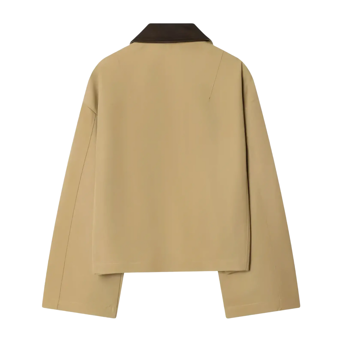 Beige cropped trench coat for women with a contrasting dark brown collar ideal for stylish outerwear