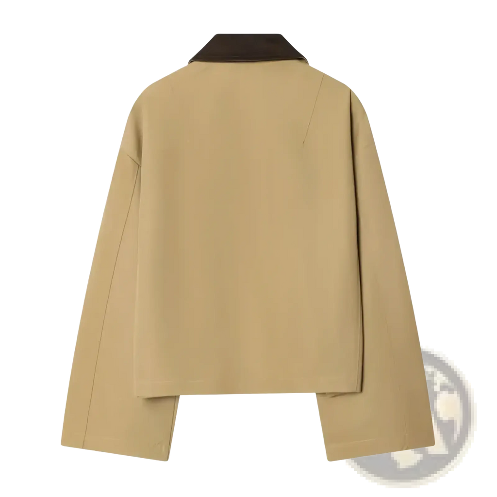 Beige cropped trench coat for women with a contrasting dark brown collar ideal for stylish outerwear