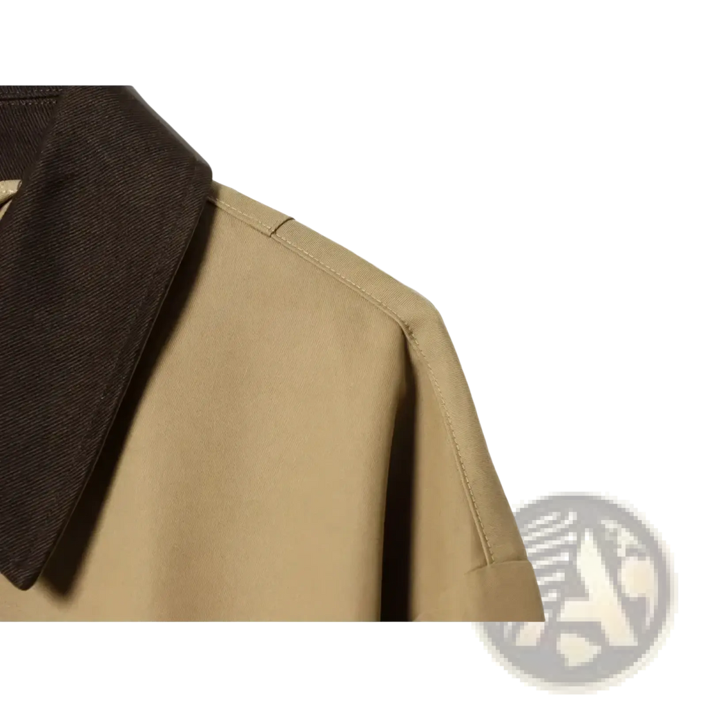 Women short beige trench coat with contrasting dark brown collar made from lightweight fabric for versatile wear
