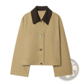 Beige women short trench coat with contrasting dark brown collar and silver toned buttons for stylish outerwear
