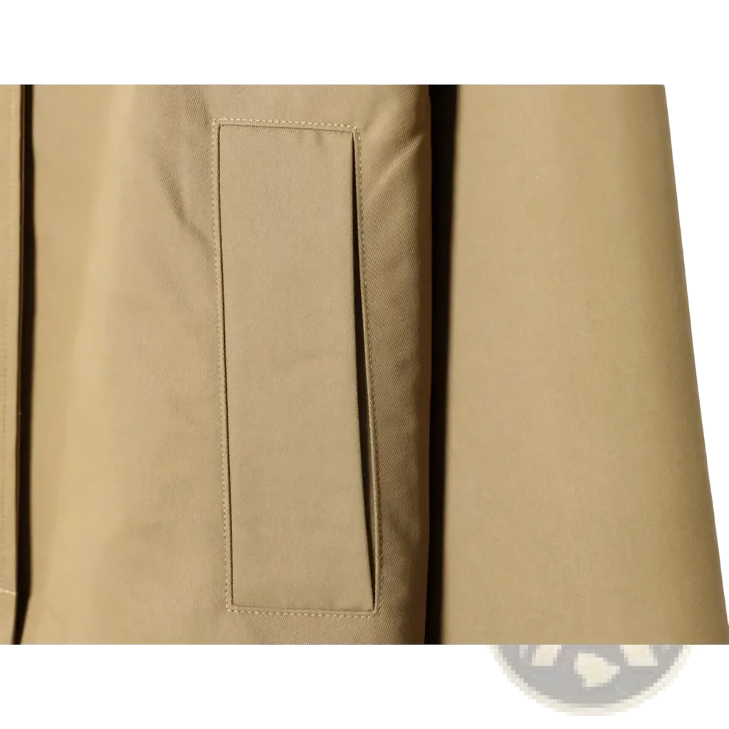 Beige women short trench coat with contrast collar and rectangular patch pocket stitched in matching fabric