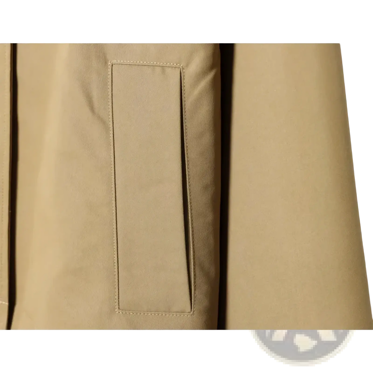 Beige women short trench coat with contrast collar and rectangular patch pocket stitched in matching fabric