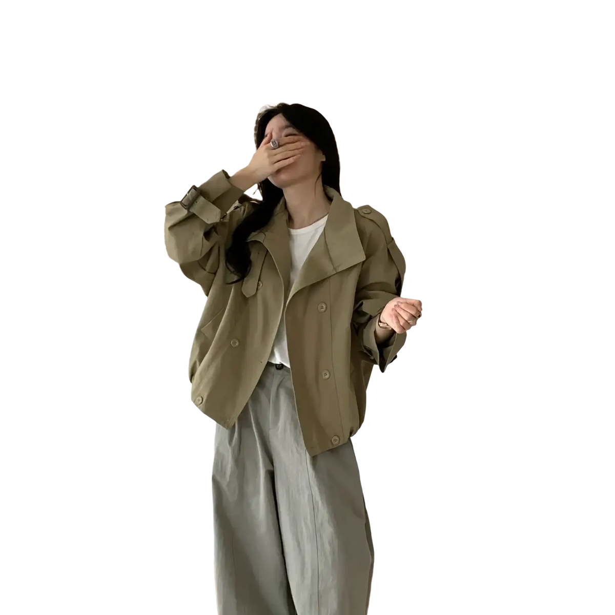 Khaki women short trench coat with double-breasted buttons and adjustable cuffs in lightweight fabric outerwear