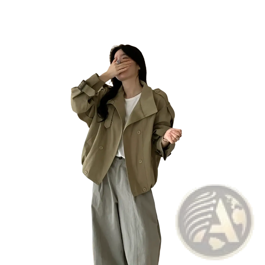 Khaki women short trench coat with double-breasted buttons and adjustable cuffs in lightweight fabric outerwear