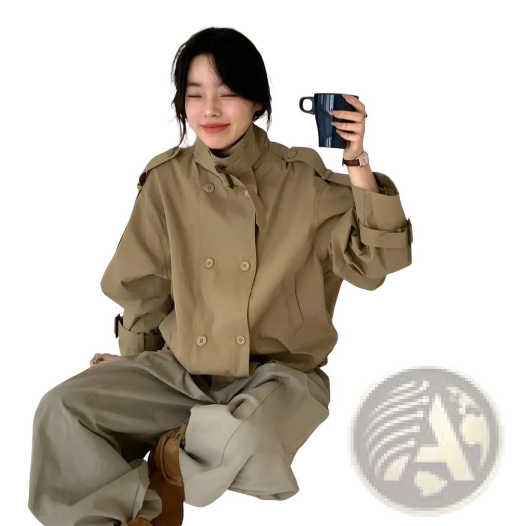 Women short trench coat in tan with double-breasted buttons buttoned cuffs and a high collar for outerwear use