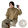 Women short trench coat in tan with double-breasted buttons buttoned cuffs and a high collar for outerwear use