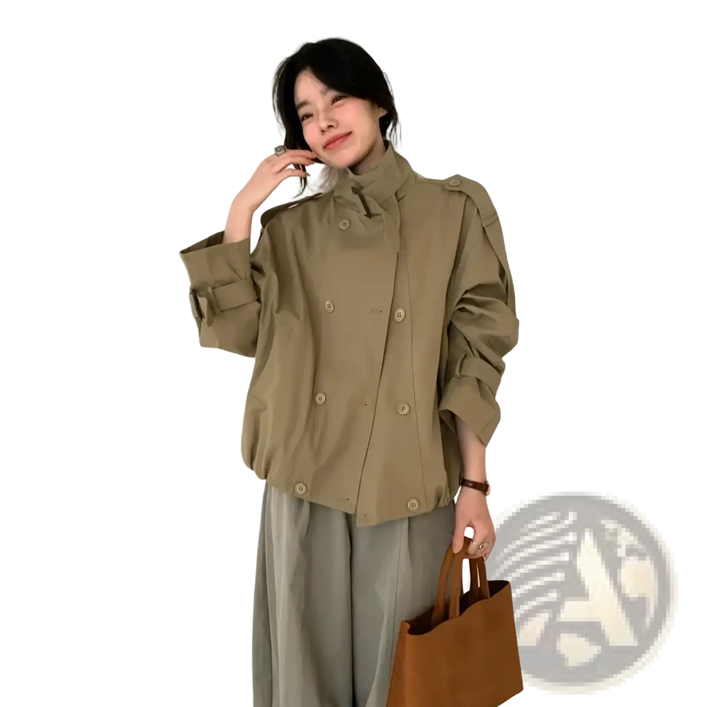 Olive green women short trench coat double breasted outerwear with buttoned cuffs and high collar in cotton material