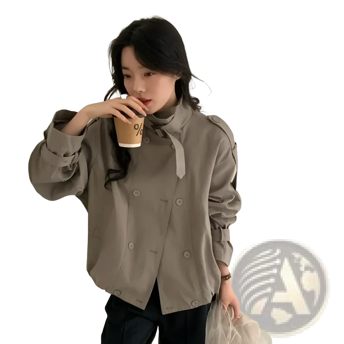 Women short trench coat oversized button-up taupe jacket with rolled cuffs and subtle tie at the collar