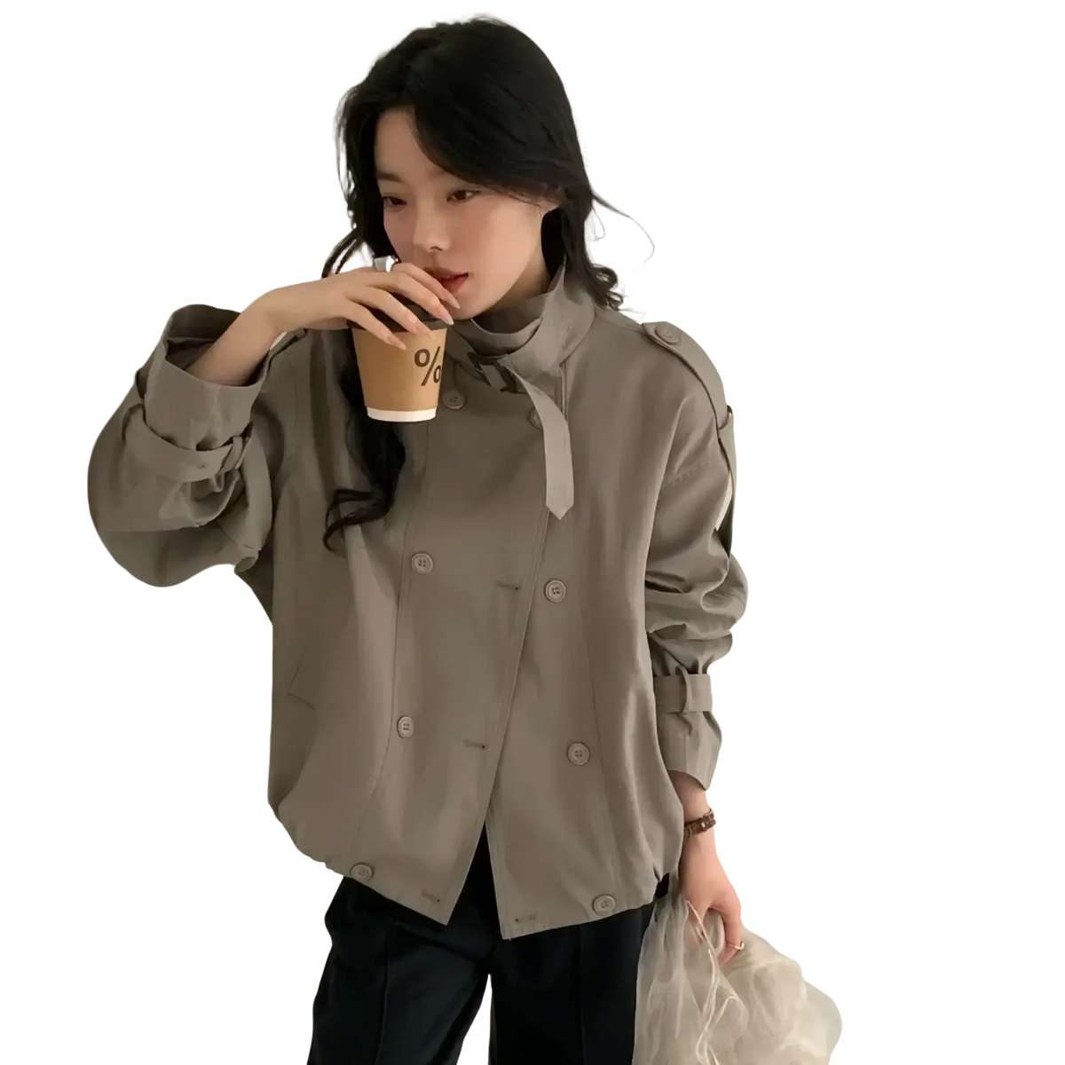 A stylish beige women short trench coat with high collar double breasted buttoned front and adjustable cuffs