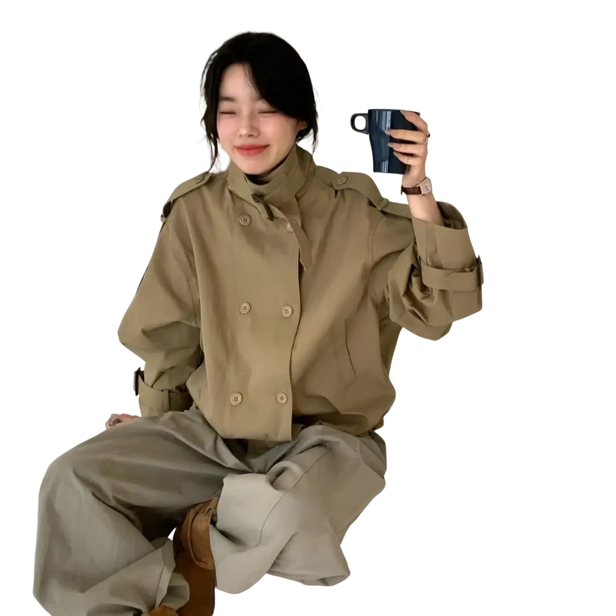 Women short trench coat in tan with double-breasted buttons buttoned cuffs and a high collar for outerwear use