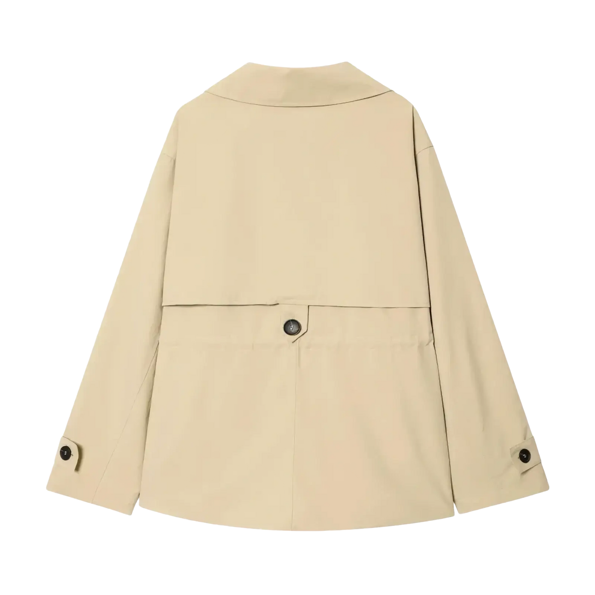 Beige women short trench coat with classic collar buttoned cuffs and waist detail perfect for spring wear