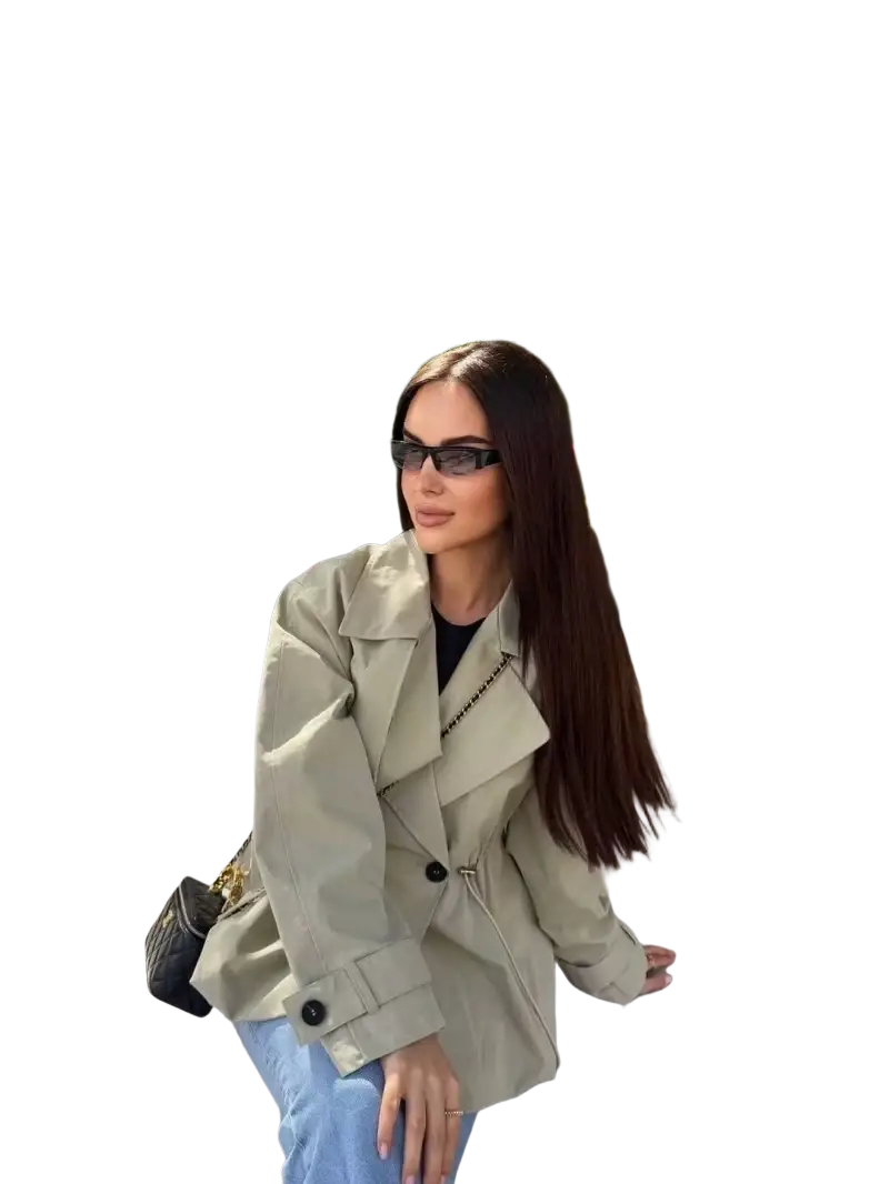 Beige women’s short trench coat with black buttons and chain strap featuring a drawstring waist for spring wear