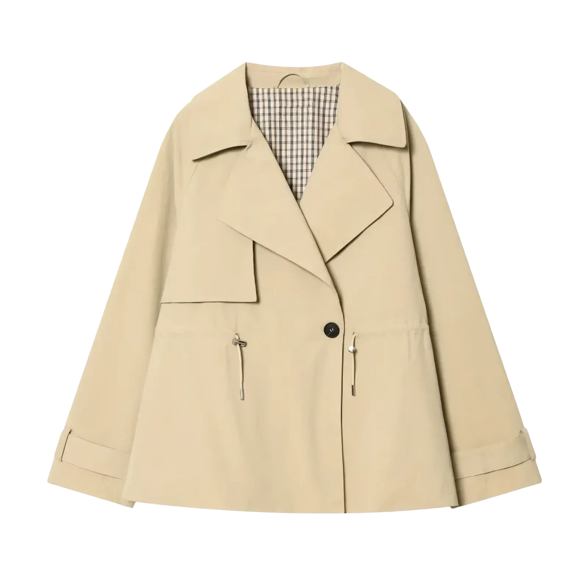 Beige women short trench coat with classic collar front button closure and drawstring waist spring jacket