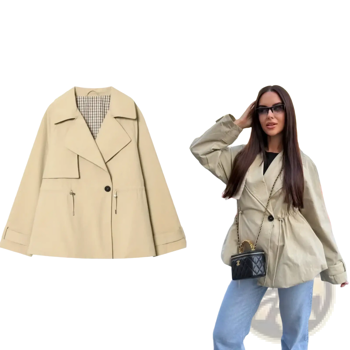 Beige women short trench coat with structured collar front button closure and side pockets for spring wear